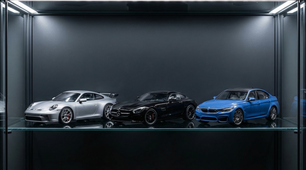 Sammler-Modellautos im Massstab 1:18 von Porsche, Mercedes-Benz und BMW in einer Glasvitrine